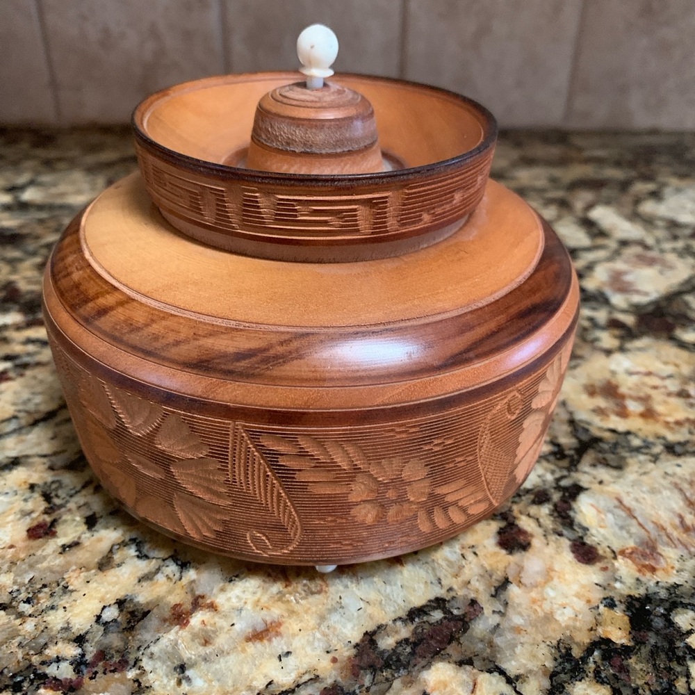 Vintage Wooden Carved Round Box with Lid